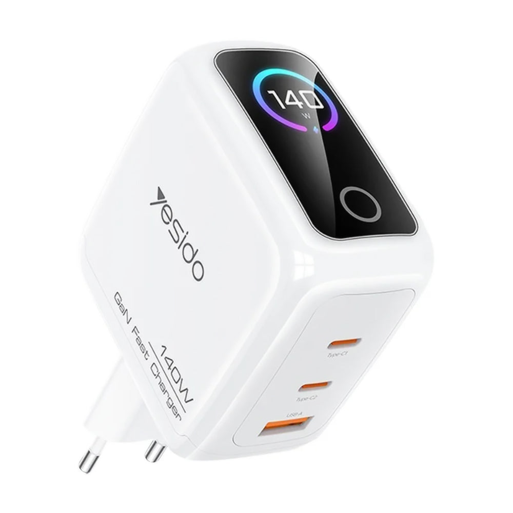 Síťová nabíječka Yesido YC114 Display, 140W, 5A, 1 x USB-A - 2 x USB-C, bílá