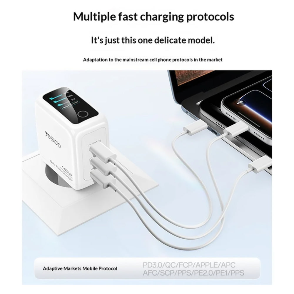 Síťová nabíječka Yesido YC114 Display, 140W, 5A, 1 x USB-A - 2 x USB-C, bílá