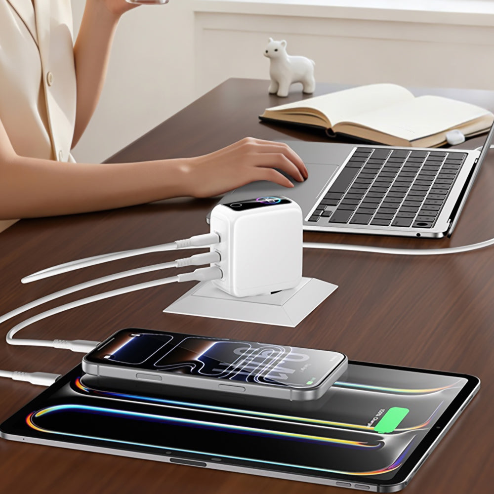 Síťová nabíječka Yesido YC114 Display, 140W, 5A, 1 x USB-A - 2 x USB-C, bílá