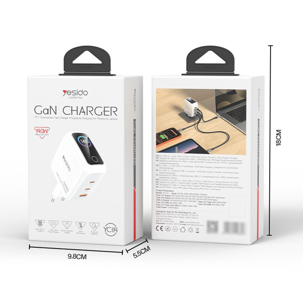Síťová nabíječka Yesido YC114 Display, 140W, 5A, 1 x USB-A - 2 x USB-C, bílá