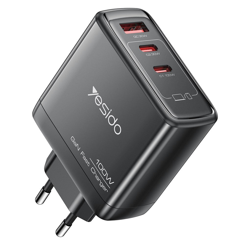 Síťová nabíječka Yesido YC142, 100W, 5A, 1 x USB-A - 2 x USB-C, Černá