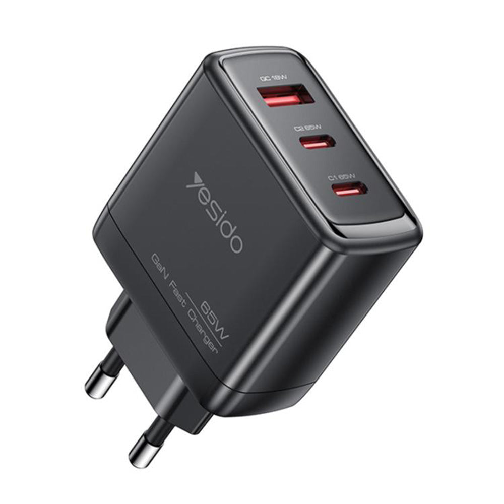 Síťová nabíječka Yesido YC144, 65W, 3.25A, 1 x USB-A - 2 x USB-C, Černá