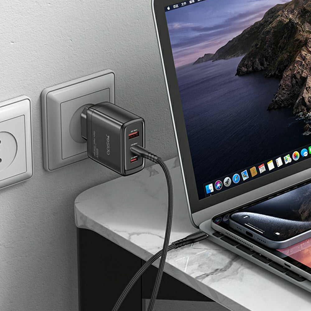Síťová nabíječka Yesido YC144, 65W, 3.25A, 1 x USB-A - 2 x USB-C, Černá