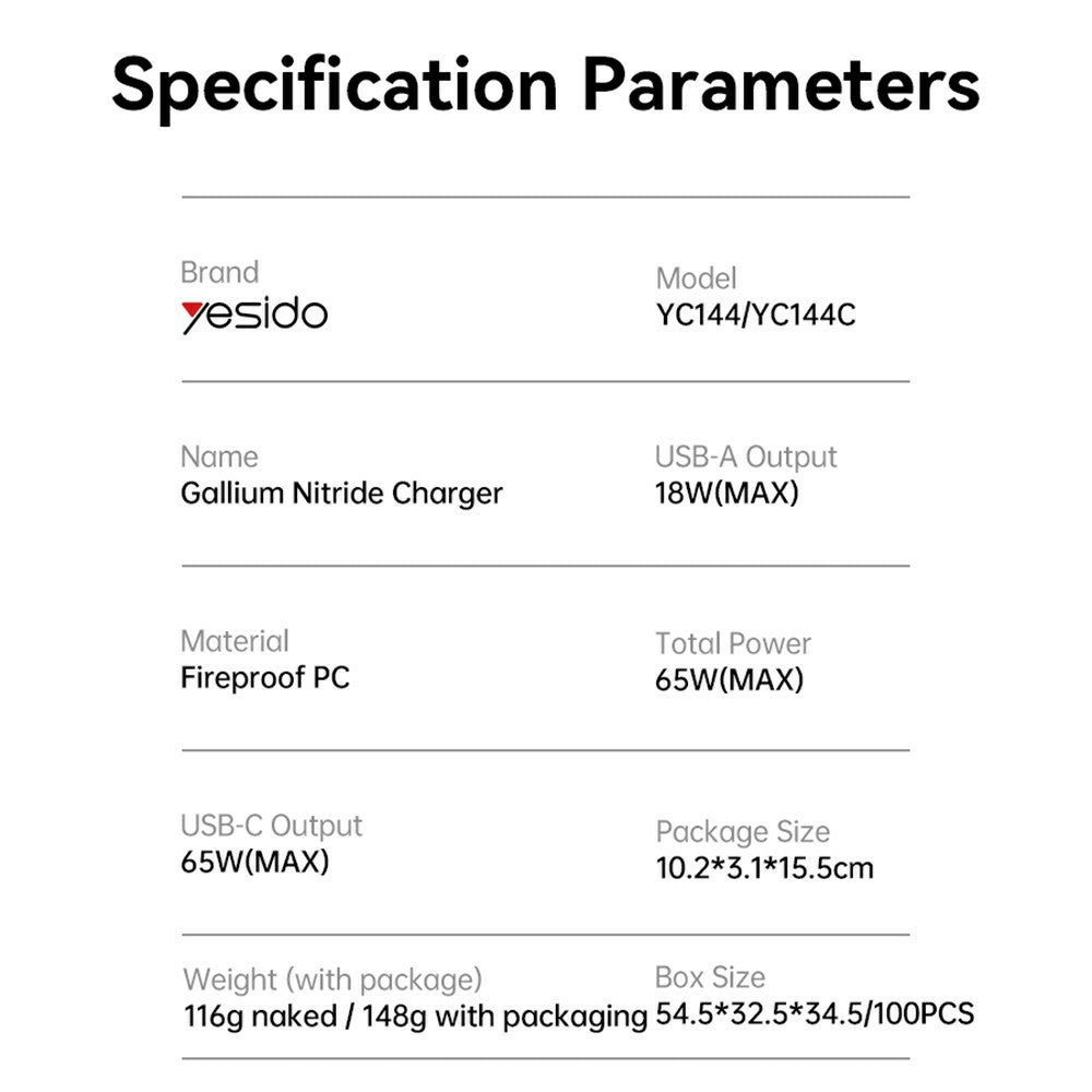 Síťová nabíječka Yesido YC144, 65W, 3.25A, 1 x USB-A - 2 x USB-C, Černá