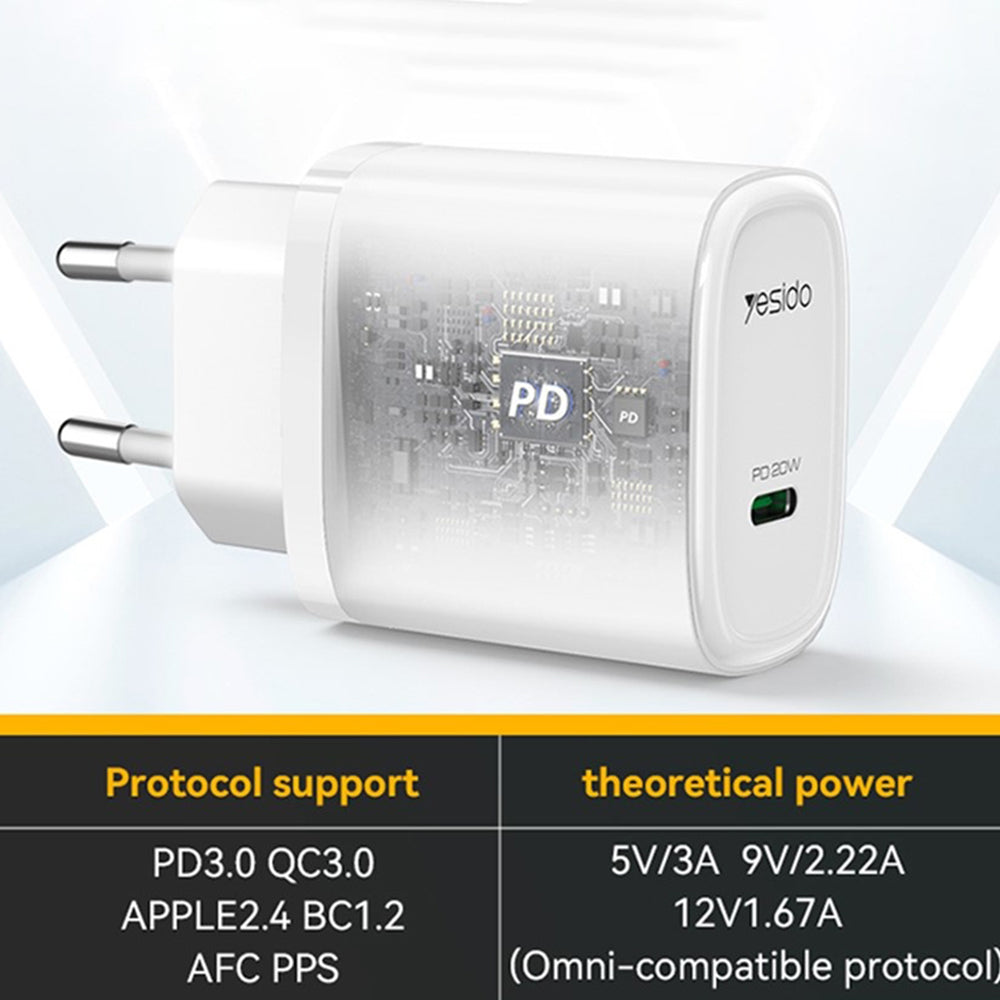 Síťová nabíječka Yesido YC57, 20W, 3A, 1 x USB-C, Bílá