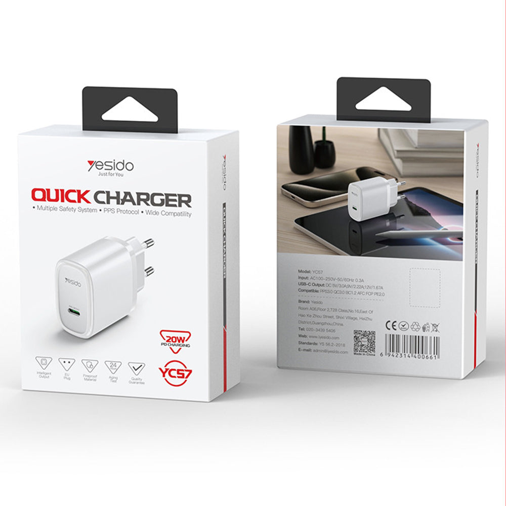 Síťová nabíječka Yesido YC57, 20W, 3A, 1 x USB-C, Bílá