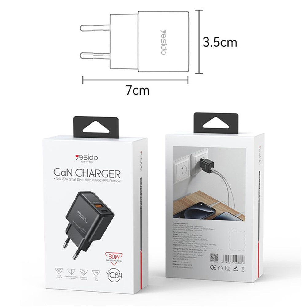 Síťová nabíječka Yesido YC64, 30W, 3A, 1 x USB-A - 1 x USB-C, černá