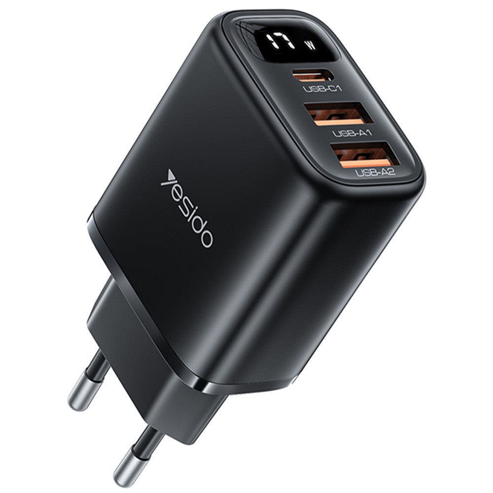 Síťová nabíječka Yesido YC67 Display, 17W, 2.4A, 1 x USB-C - 2 x USB-A, Černá
