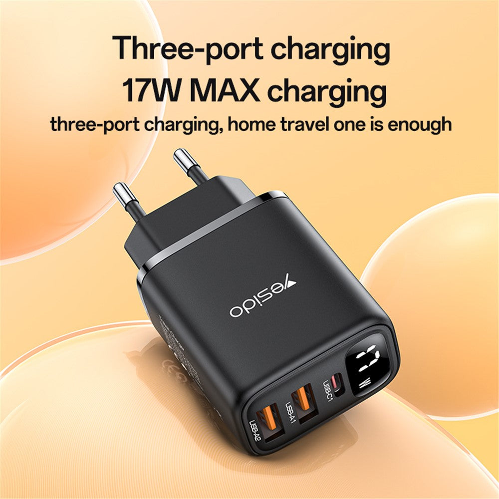 Síťová nabíječka Yesido YC67 Display, 17W, 2.4A, 1 x USB-C - 2 x USB-A, Černá