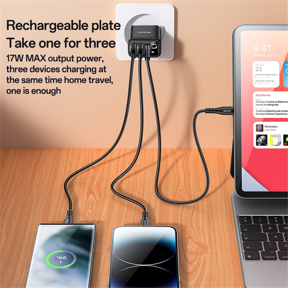 Síťová nabíječka Yesido YC67 Display, 17W, 2.4A, 1 x USB-C - 2 x USB-A, Černá