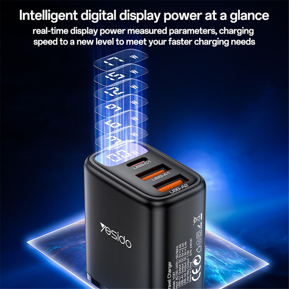 Síťová nabíječka Yesido YC67 Display, 17W, 2.4A, 1 x USB-C - 2 x USB-A, Černá