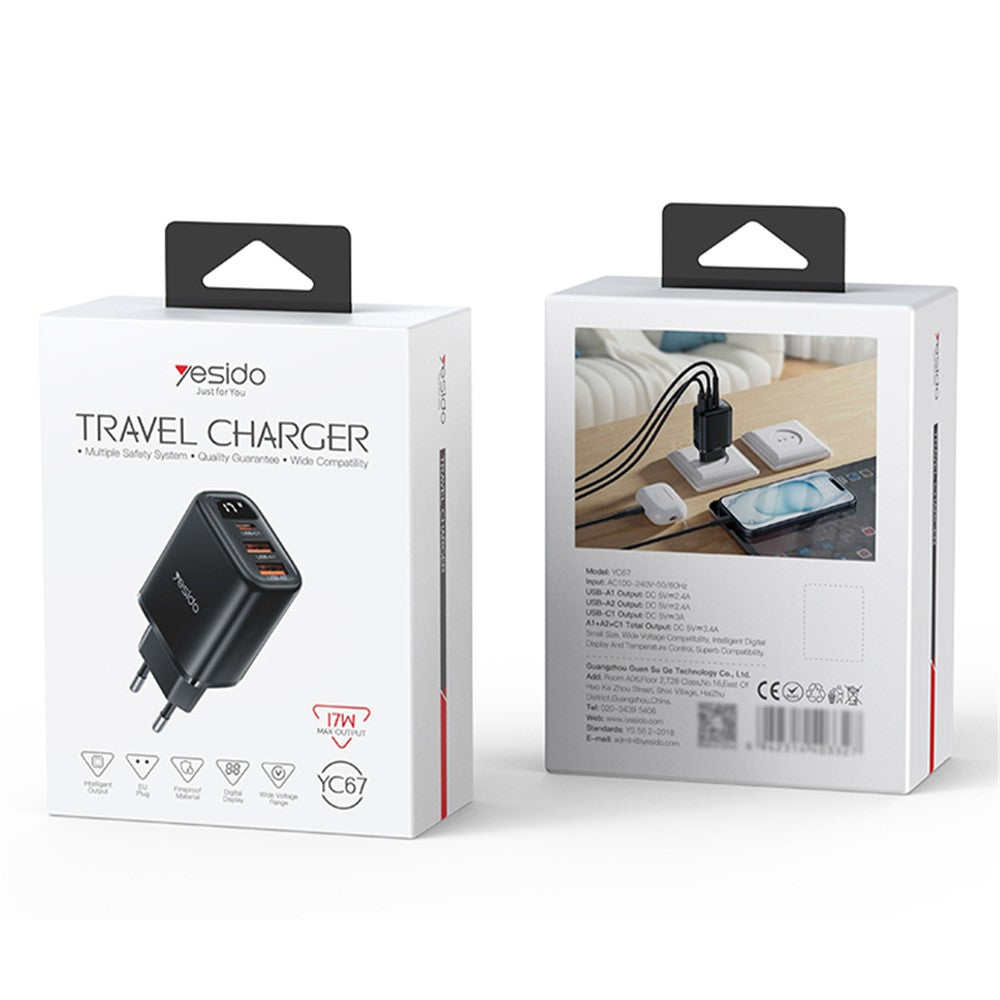 Síťová nabíječka Yesido YC67 Display, 17W, 2.4A, 1 x USB-C - 2 x USB-A, Černá