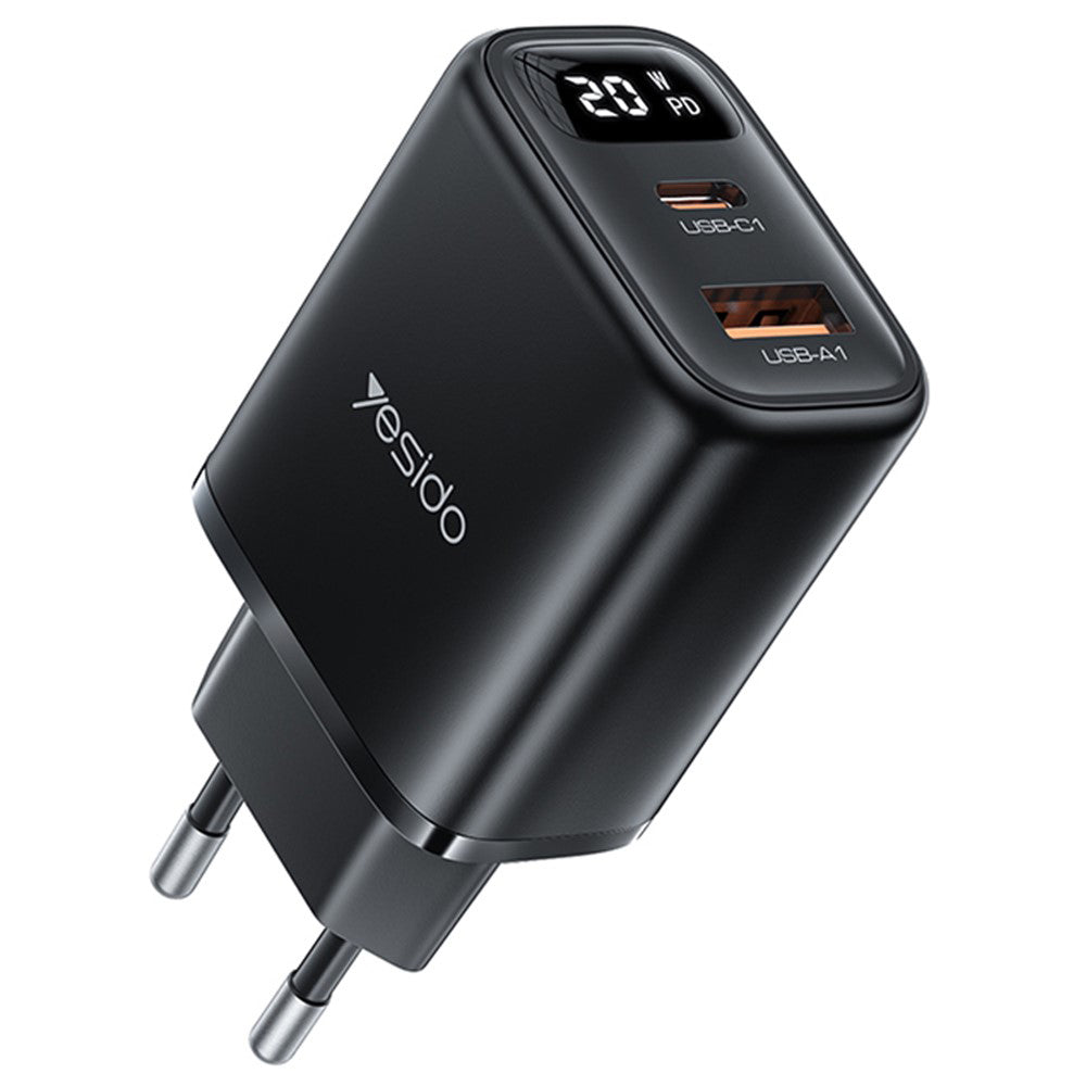 Síťová nabíječka Yesido YC68, 20W displej, 3A, 1 x USB-A - 1 x USB-C, černá