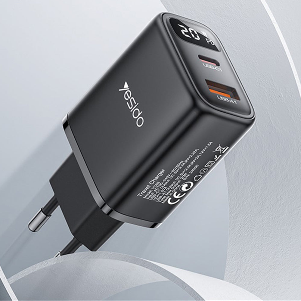 Síťová nabíječka Yesido YC68, 20W displej, 3A, 1 x USB-A - 1 x USB-C, černá