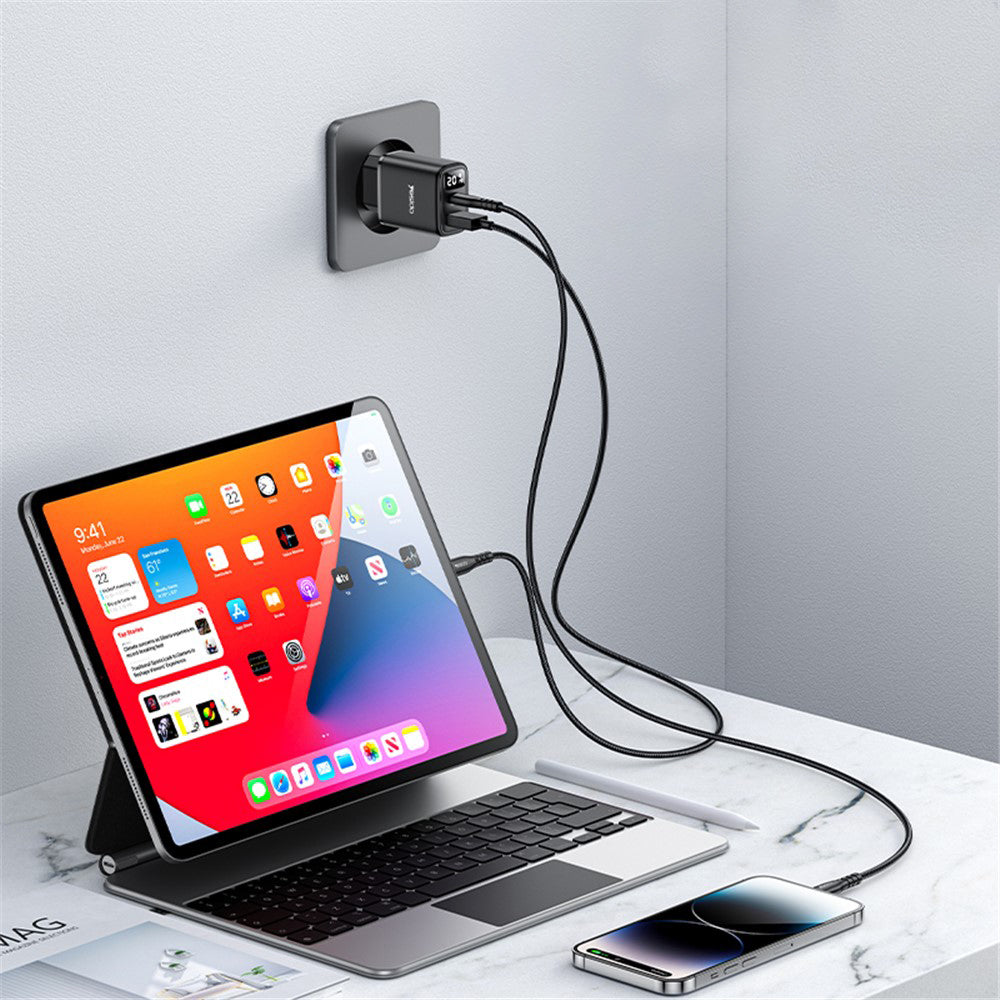 Síťová nabíječka Yesido YC68, 20W displej, 3A, 1 x USB-A - 1 x USB-C, černá