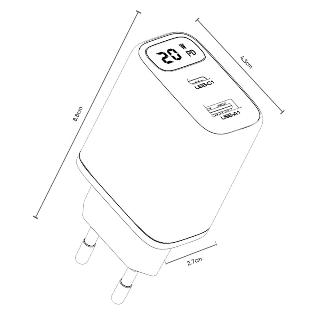 Síťová nabíječka Yesido YC68, 20W displej, 3A, 1 x USB-A - 1 x USB-C, černá