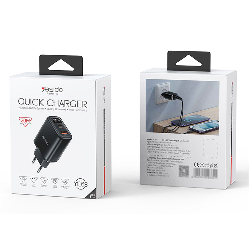 Síťová nabíječka Yesido YC68, 20W displej, 3A, 1 x USB-A - 1 x USB-C, černá