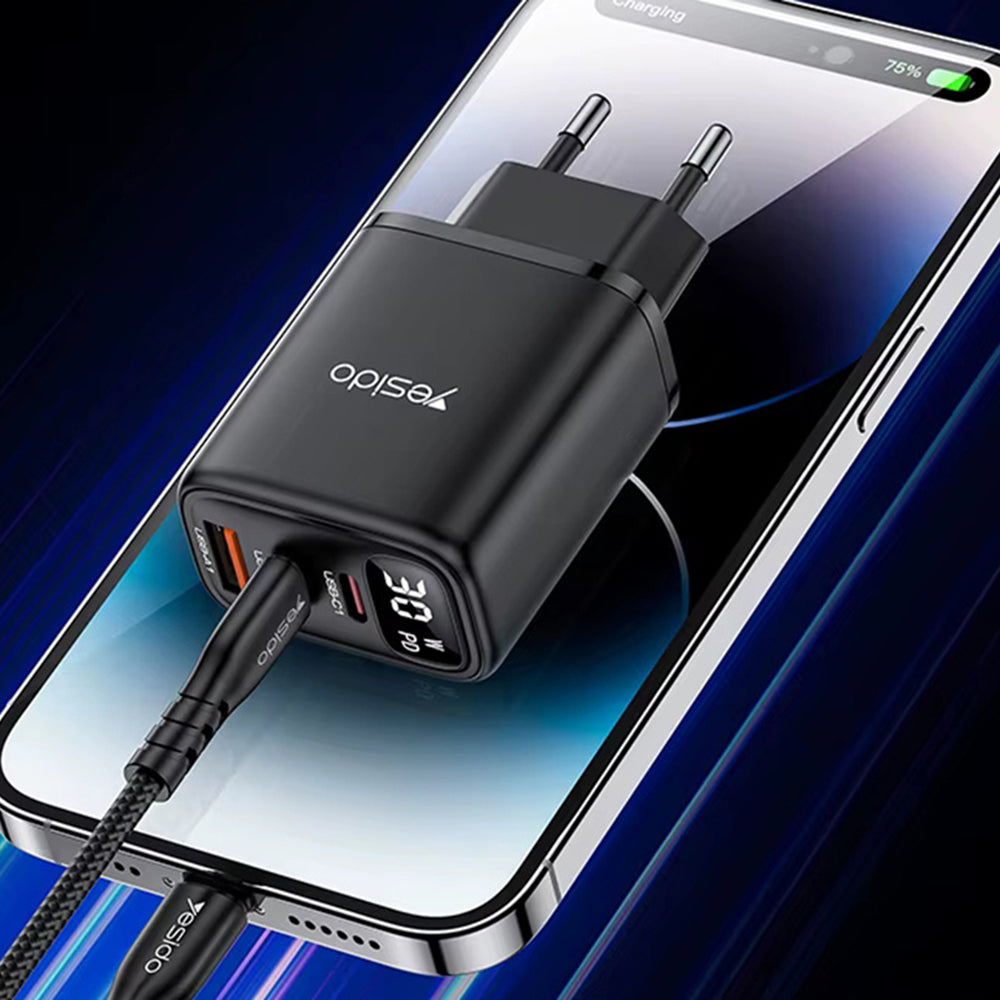 Síťová nabíječka Yesido YC69 Display, 30W, 3A, 1 x USB-A - 2 x USB-C, černá