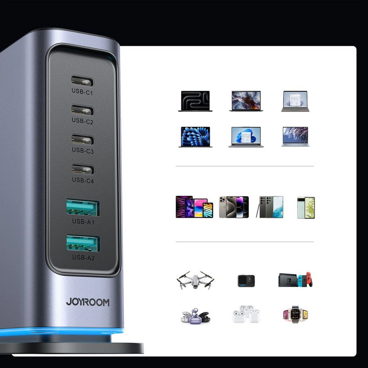 Nabíječka stanice Joyroom JR-TCM02 UK, 65W, 3,25A, 2 x USB-A - 4 x USB-C, šedá