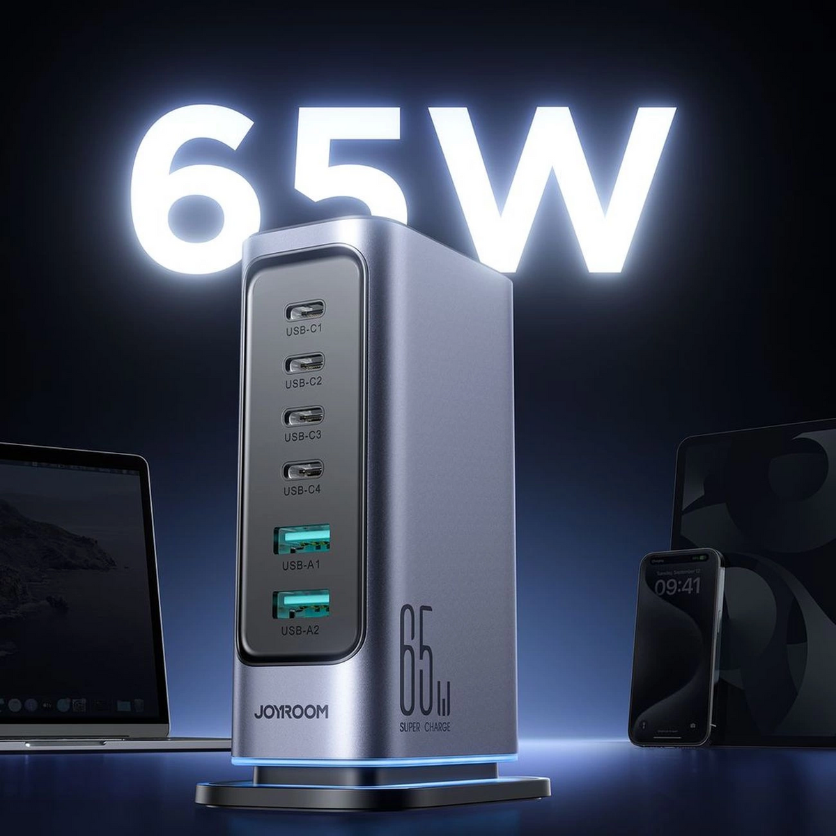 Nabíječka stanice Joyroom JR-TCM02 UK, 65W, 3,25A, 2 x USB-A - 4 x USB-C, šedá