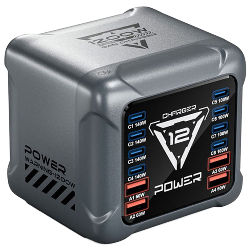 Nabíječka stanice OEM BK-127D, 280W, 5A, 4 x USB-A - 8 x USB-C, Šedá