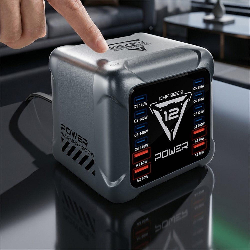 Nabíječka stanice OEM BK-127D, 280W, 5A, 4 x USB-A - 8 x USB-C, Šedá