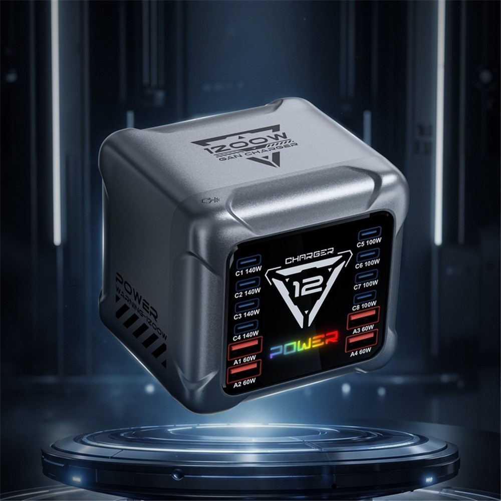 Nabíječka stanice OEM BK-127D, 280W, 5A, 4 x USB-A - 8 x USB-C, Šedá