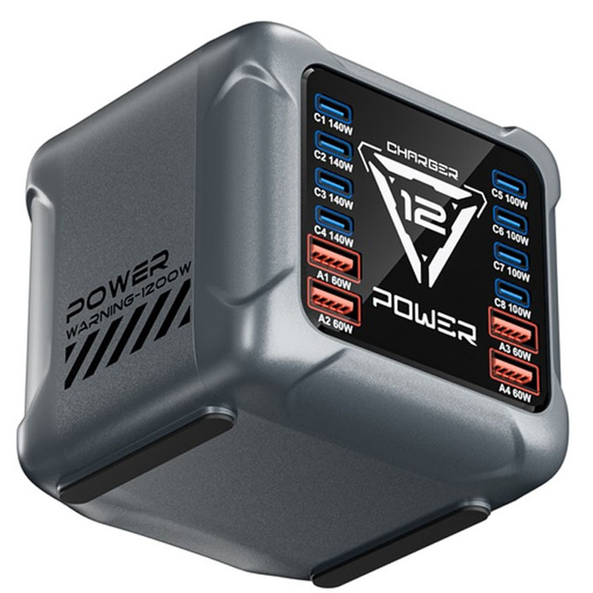 Nabíječka stanice OEM BK-127D, 280W, 5A, 4 x USB-A - 8 x USB-C, Šedá