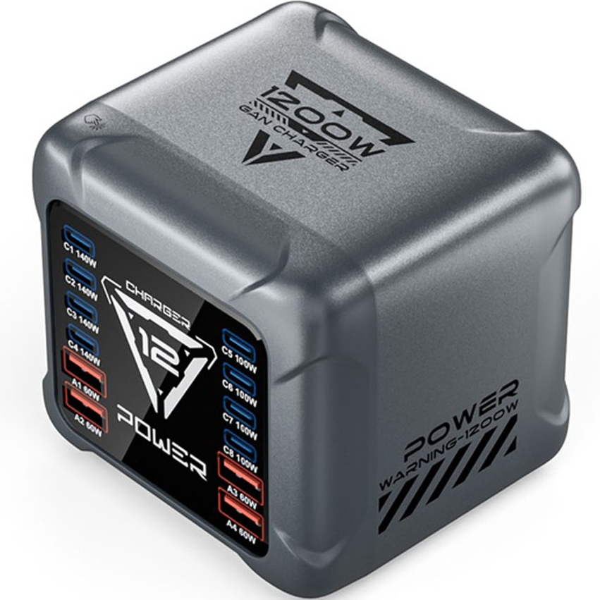 Nabíječka stanice OEM BK-127D, 280W, 5A, 4 x USB-A - 8 x USB-C, Šedá