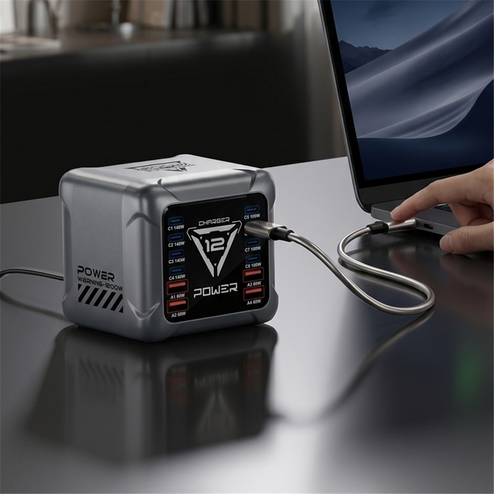 Nabíječka stanice OEM BK-127D, 280W, 5A, 4 x USB-A - 8 x USB-C, Šedá