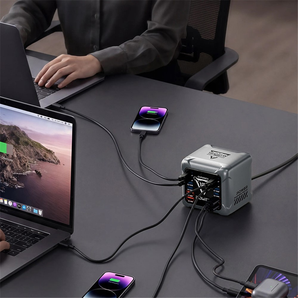 Nabíječka stanice OEM BK-127D, 280W, 5A, 4 x USB-A - 8 x USB-C, Šedá