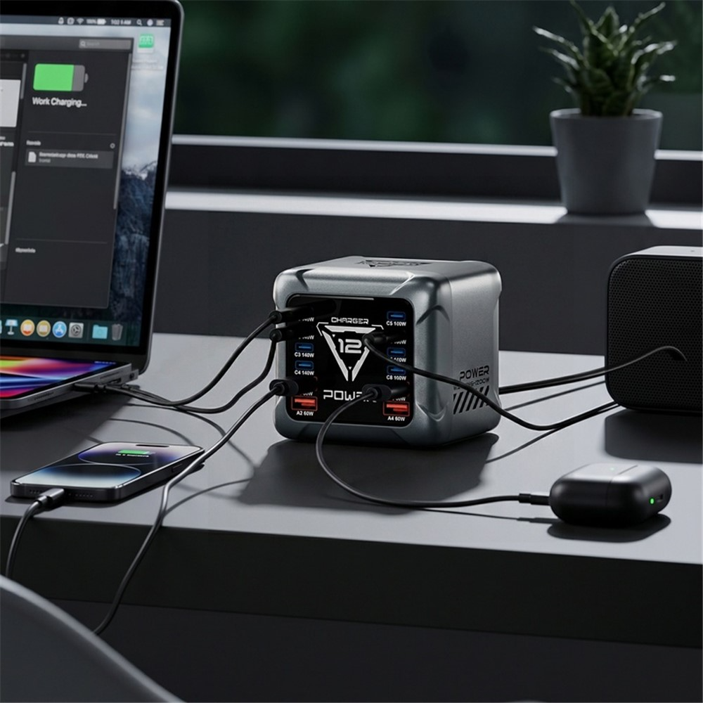 Nabíječka stanice OEM BK-127D, 280W, 5A, 4 x USB-A - 8 x USB-C, Šedá