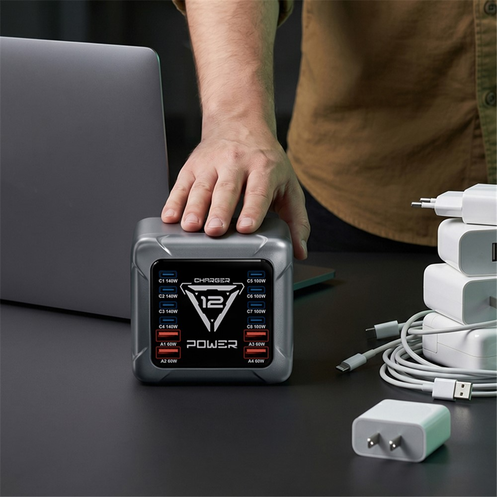 Nabíječka stanice OEM BK-127D, 280W, 5A, 4 x USB-A - 8 x USB-C, Šedá