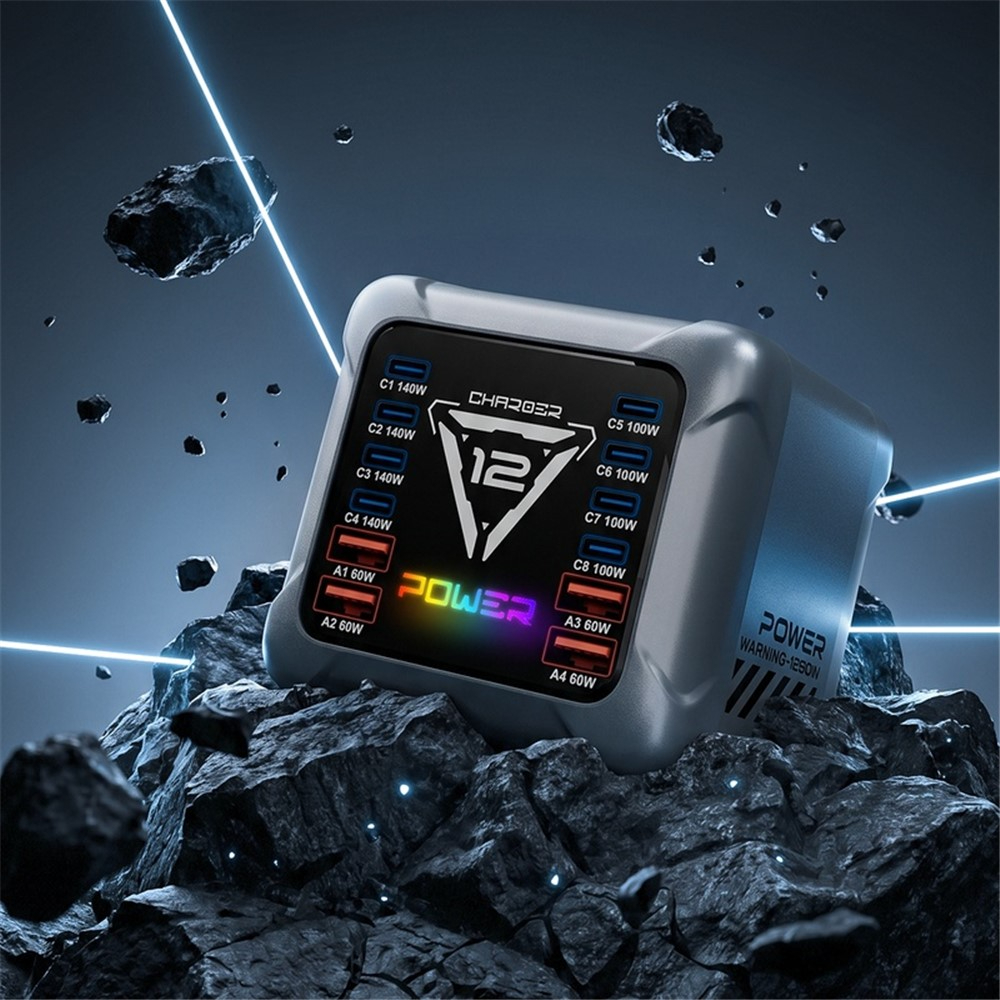 Nabíječka stanice OEM BK-127D, 280W, 5A, 4 x USB-A - 8 x USB-C, Šedá