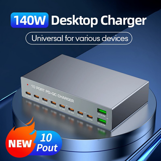 Nabíječka stanice OEM WLX-X6Y, 140W, 5A, 2 x USB-A - 8 x USB-C, stříbrná
