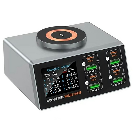 Nabíječka stanice OEM WLX-X9S QI, 140W, 3A, 4 x USB-A - 4 x USB-C, Stříbrná