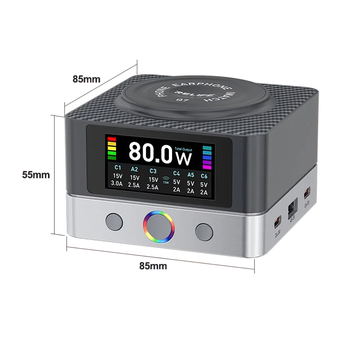 Nabíjecí stanice Relife Q7 QI, 80W, 3.25A, 2 x USB-A - 4 x USB-C, Šedá