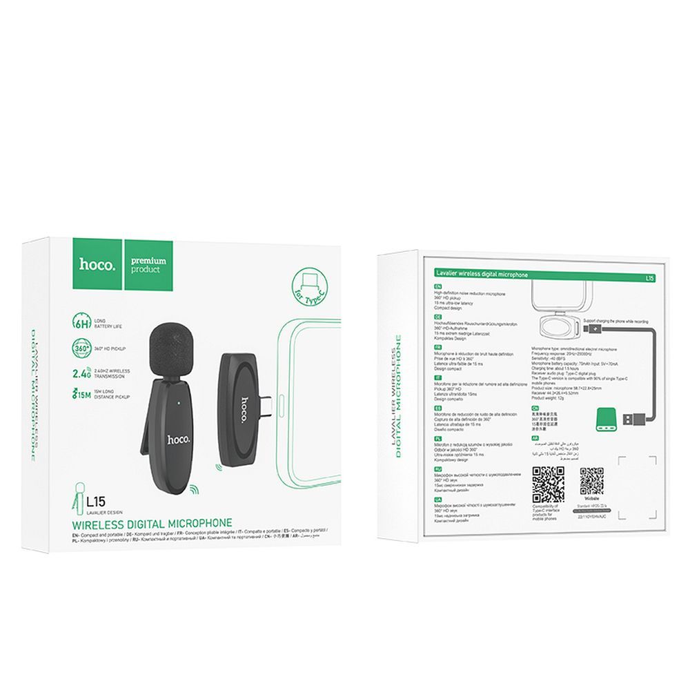Lavaliera HOCO L15, USB-C, Černá