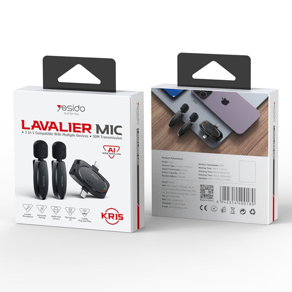 Lavaliera Yesido KR15, USB-C / Lightning, Sada 2 kusy, Černá