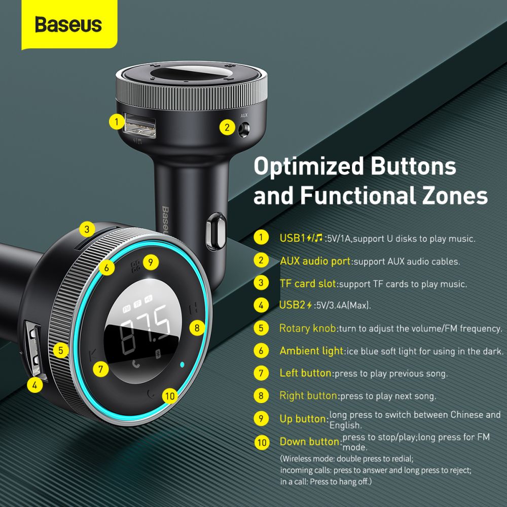 FM Bluetooth modulátor Baseus Enjoy, 2 x USB-A - 1 x microSD - 1 x AUX CCLH-01