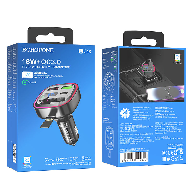Modulátor FM Bluetooth Borofone BC48, 2 x USB-A - 1 x USB-C - 1 x microSD