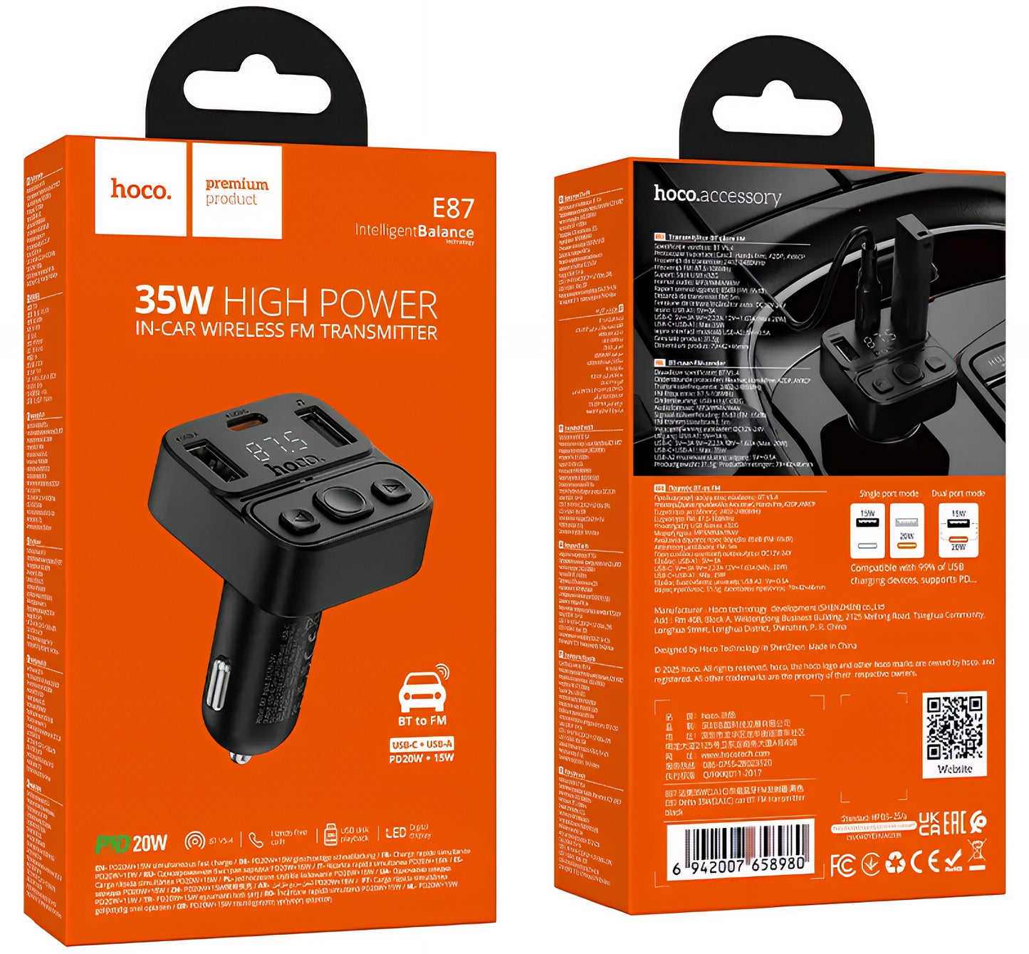Modulátor FM Bluetooth HOCO E87, 2 x USB-A - 1 x USB-C