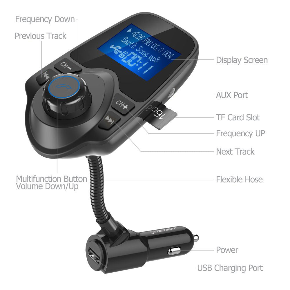 FM modulátor Bluetooth Techsuit MFM4, 1 x USB-A - 1 x 3,5mm - 1 x microSD, Černý