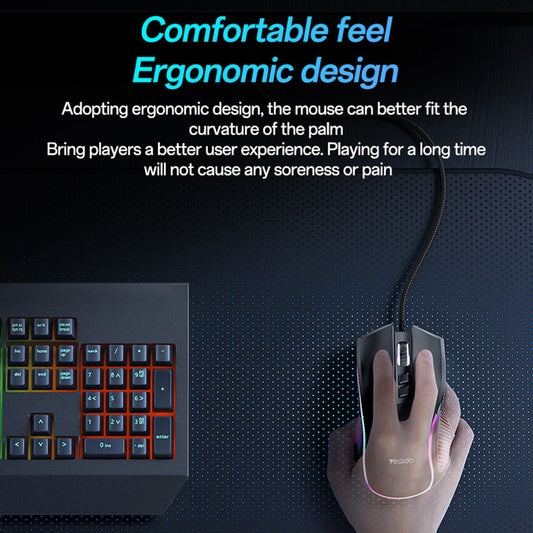 Herní myš Yesido KB20 s kabelem USB, RGB, 1000DPI - 7200DPI, černá