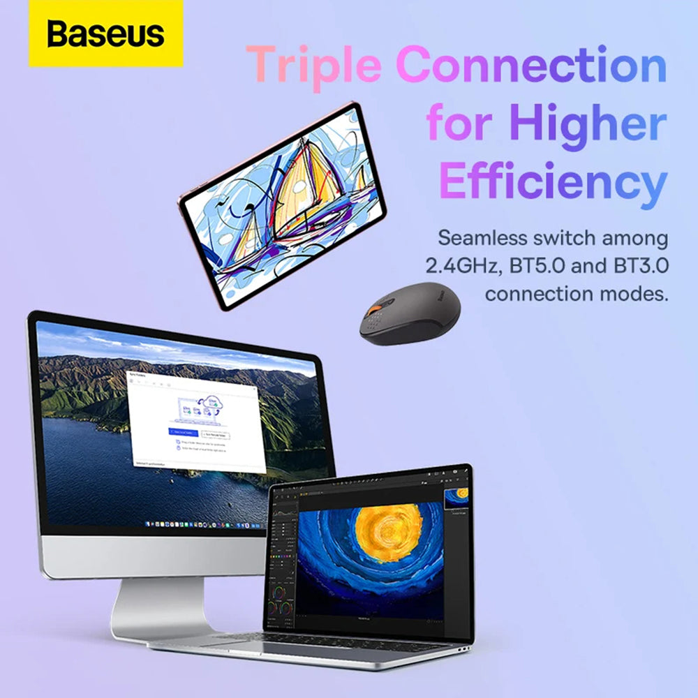 Baseus F01B třírežimová bezdrátová myš, 1600DPI, BT / Wi-Fi, šedá B0105555503833-00