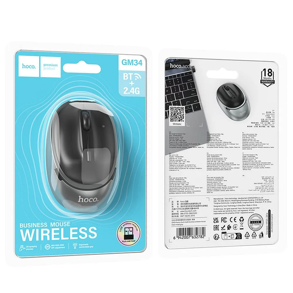 Bezdrátová myš HOCO GM34, 1600DPI, BT / Wi-Fi, černá