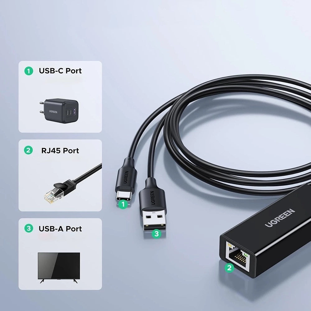 Síťová karta UGREEN CR110 (75535), RJ45, USB / USB-C, Černá