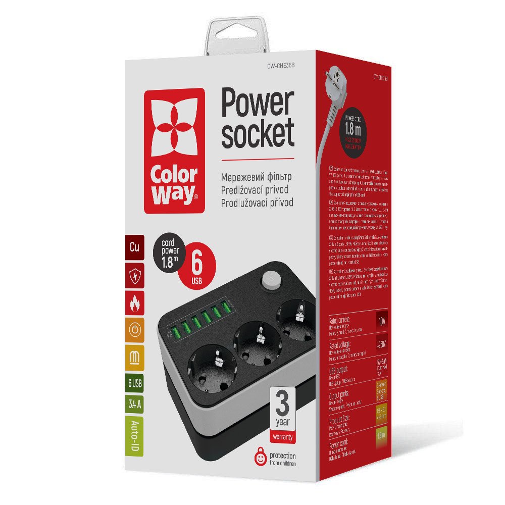 Prodlužovací kabel ColorWay, 3 x Schuko - 6 x USB-A, černý