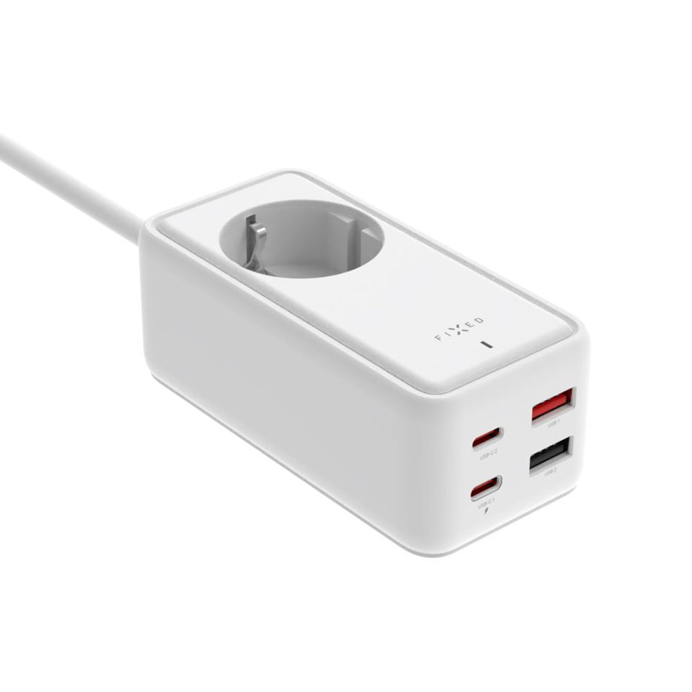 Prodlužovací kabel Fixed, 1 x Schuko - 2 x USB-A - 2 x USB-C, bílý