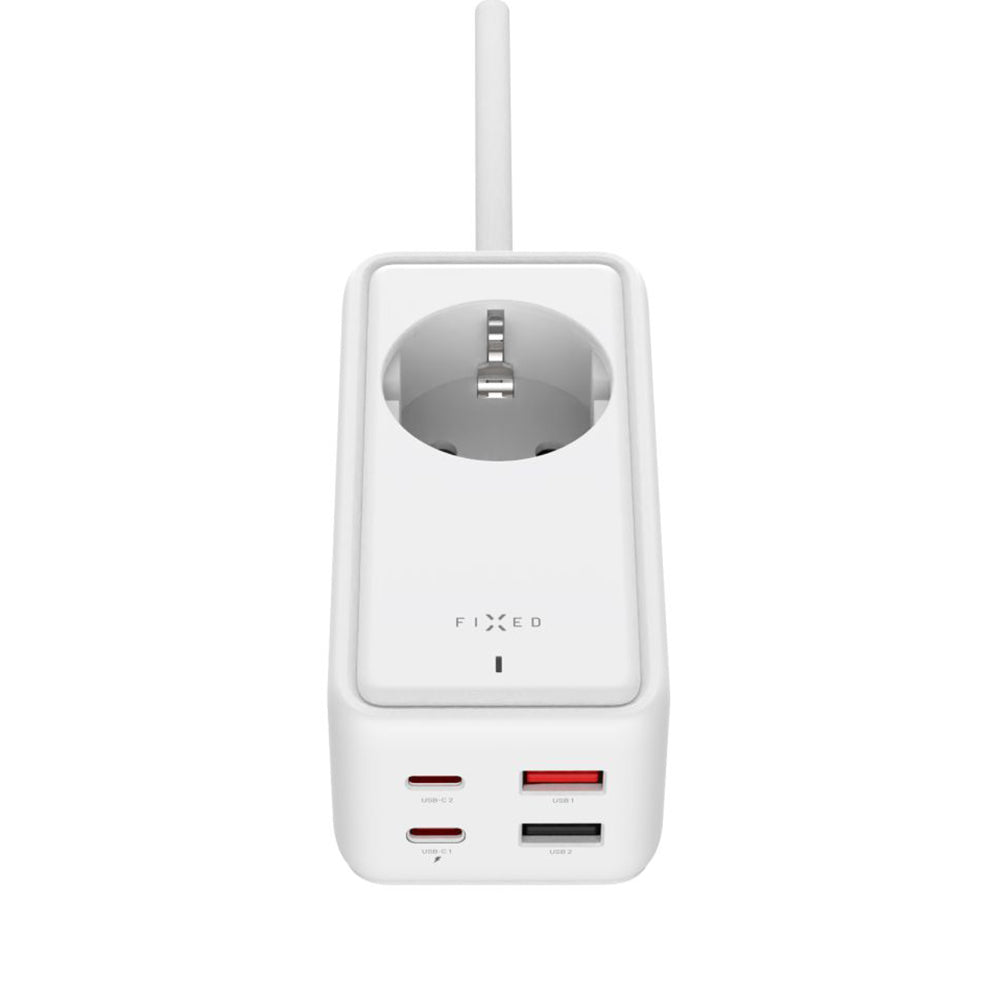 Prodlužovací kabel Fixed, 1 x Schuko - 2 x USB-A - 2 x USB-C, bílý